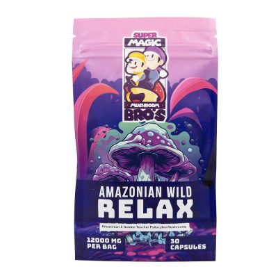 Super Magic Mushroom Bros - 12000MG Psilocybin Capsules - RELAX - Vegan and organic capsules crafted from a blend of Amazonian x Golden Teacher Psilocybin Mushrooms, offering 12000mg of soothing serenity. Drift into relaxation with each 400mg capsule. Take 1-4 capsules daily to unwind and rejuvenate. Explore more shroom options at WTF Cannabis.